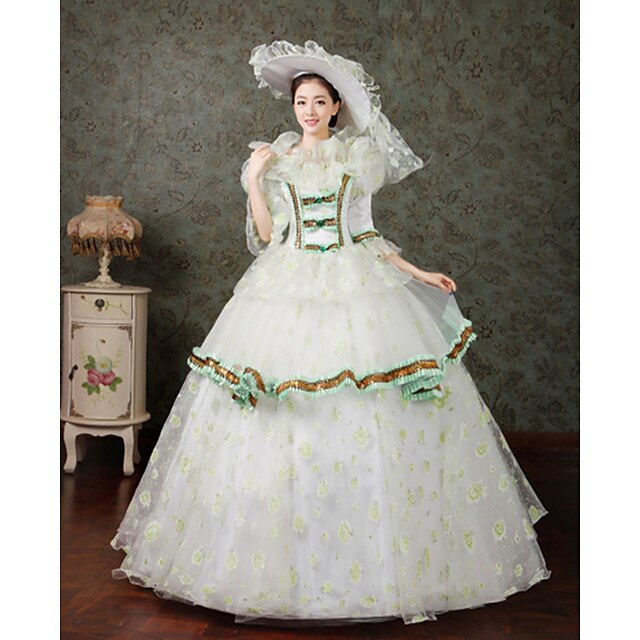  Queen Victoria Rococó Barroco Vitoriano Renda Cetim Mulheres Vestidos Cosplay Branco Floral Manga Longa Comprimento Longo Fantasias