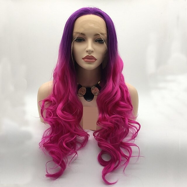  Synthetic Lace Front Wig Curly Water Wave Layered Haircut Lace Front Wig Pink Long Pink / Purple Synthetic Hair 24 inch Women's Women Ombre Hair Pink Purple Sylvia