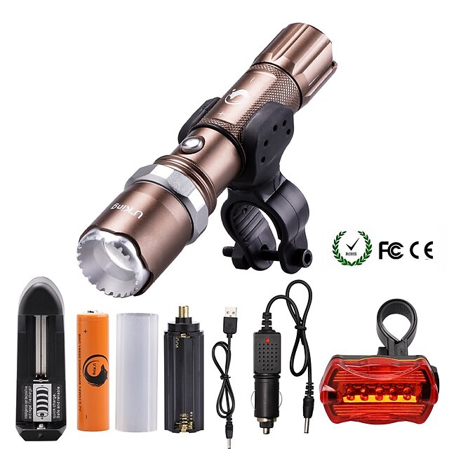 U'King LED Flashlights / Torch 2000 lm LED LED Emitters 5 Mode with Battery and Chargers Zoomable Adjustable Focus Dimmable Camping / Hiking / Caving Everyday Use Multifunction Brown / Aluminum Alloy