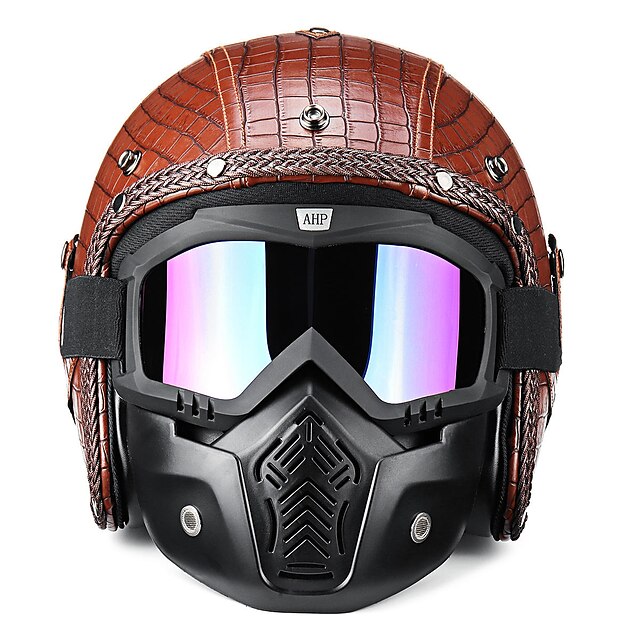  3/4 Open Chopper Motorcycle PU Leather HelmetFace Mask with Glasses For Harley 