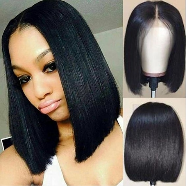  Virgin Human Hair Lace Front Wig Short Bob Kardashian style Brazilian Hair Silky Straight Natural Black Wig 130% Density with Baby Hair Natural Hairline African American Wig For Black Women With