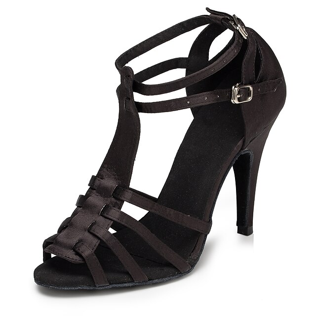  Women's Latin Shoes Satin T-Strap Heel Splicing Slim High Heel Customizable Dance Shoes Leopard / Black / Performance / Leather