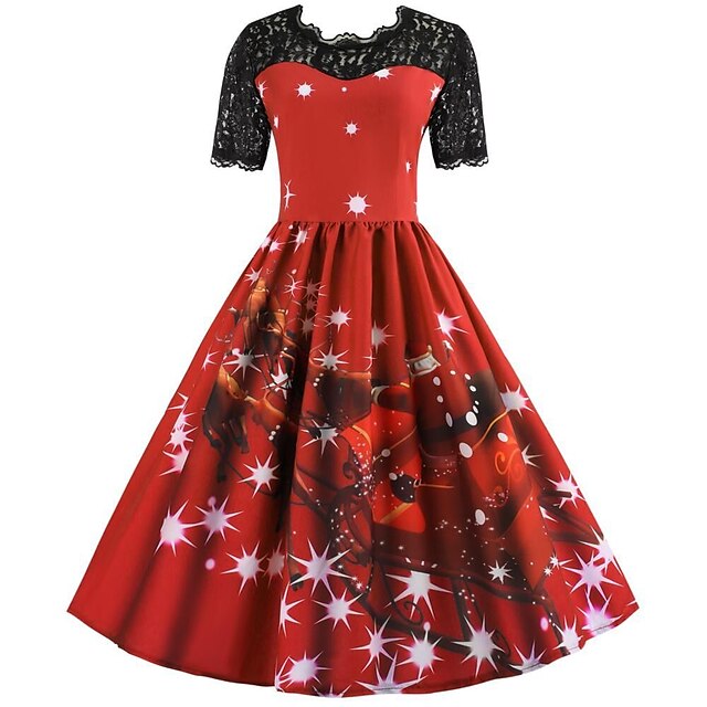  rochie de vacanță rochie costume cosplay dama imprimeu roșu vintage cu mânecă scurtă rochie de petrecere de Crăciun ținută petrecere de Crăciun
