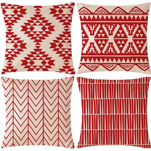  4 pcs Pillow Cover, Geometric Rustic Square Traditional Classic Home Sofa Decorative Faux Linen Cushion for Sofa Couch Bed Chair