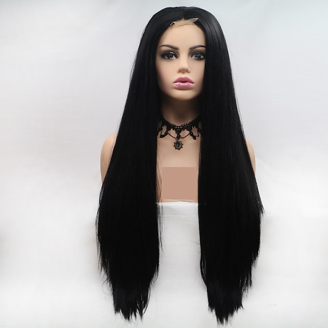  Synthetic Lace Front Wig kinky Straight Layered Haircut Wig Long Natural Black Synthetic Hair 24 inch Women's Women Black Sylvia