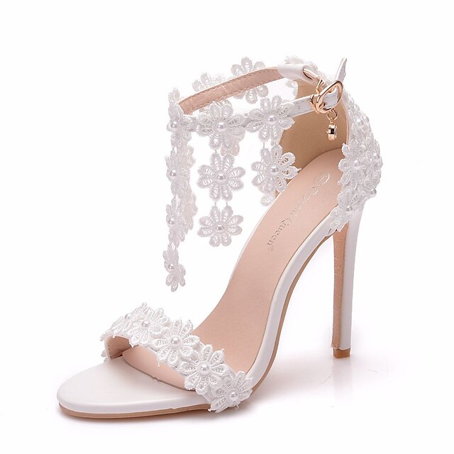  Women's Wedding Shoes Wedding Solid Colored Imitation Pearl Buckle Tassel Stiletto Heel Peep Toe Sweet Lace PU Ankle Strap White