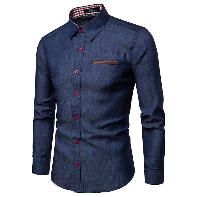 Men's Dress Shirt Button Up Shirt Collared Shirt Denim Shirt Navy Blue ...