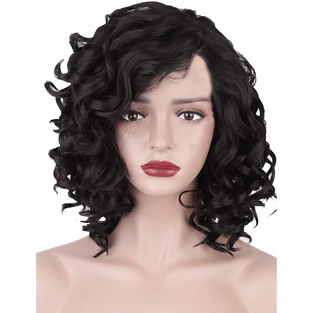  Synthetic Wig Afro Curly Asymmetrical Wig Short Black#1B Synthetic Hair 12INCH Women's Adjustable Heat Resistant Synthetic Black
