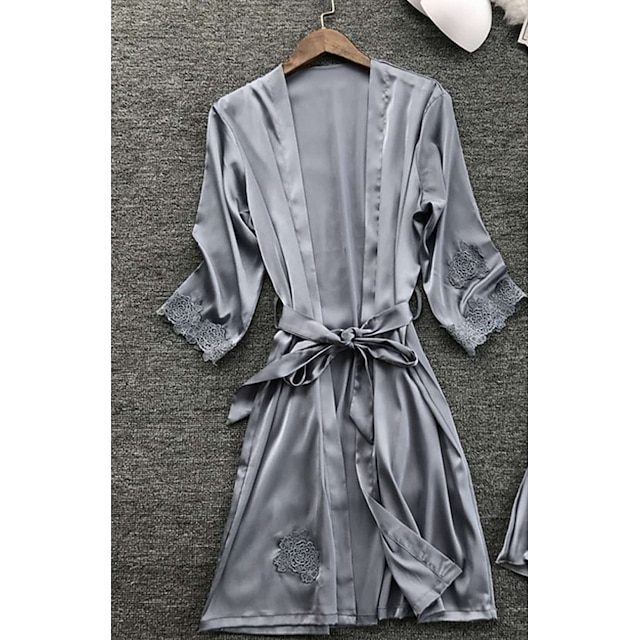  Per donna Pigiami Accappatoi Notturno 1 pc Colore puro Semplice Informale Comoda Interni Feste Ricevimento di matrimonio Raso Regalo A V Manica lunga Pizzo Cintura inclusa Primavera Estate Grigio Rosa