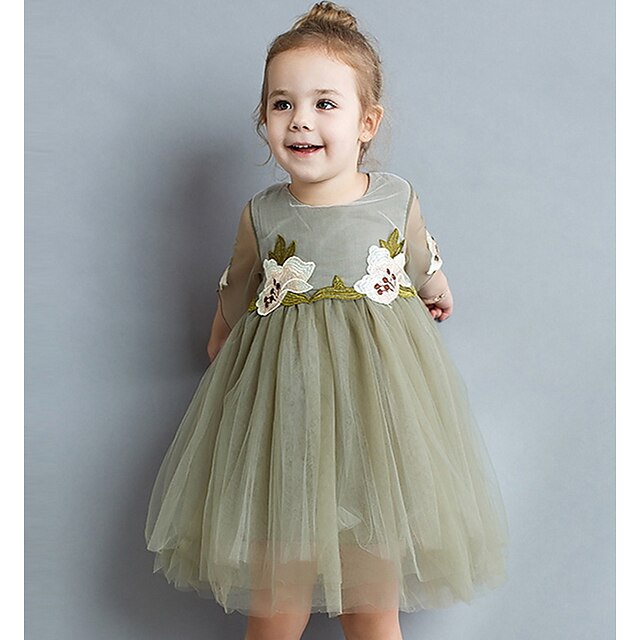  幼児 リトル 女の子 ドレス ソリッド 幾何学模様 日常 ホワイト グリーン 膝丈 長袖 活発的 ドレス レギュラー