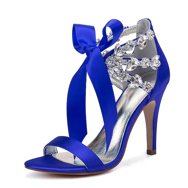 Women's Royal Blue Satin High Heel Sandals – Rhinestone Embellished with Bow Tie Design for Weddings or Formal Events 21