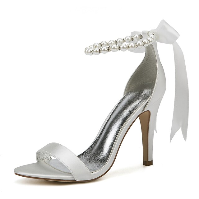 Women's Silk Satin With Lace-up Pearl Ankle Strap Closed Toe Stiletto Heel Party Shoes