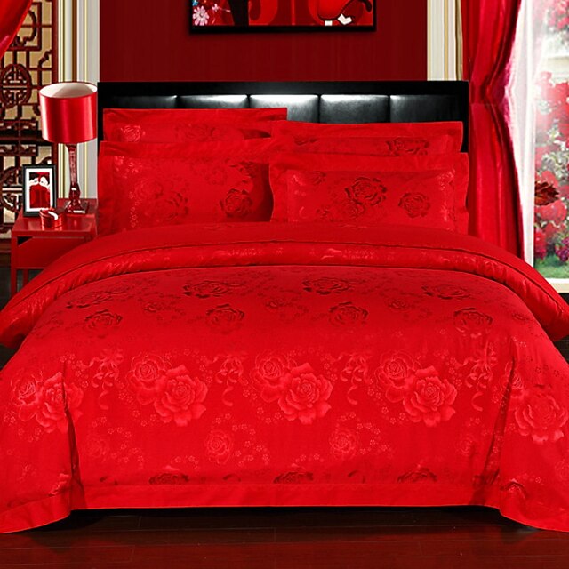  Sets Funda Nórdica Rojo chino Poliéster Impreso y Jacquard 4 PiezasBedding Sets / 4 Unidades (1 Cobertor de Edredón, 1 Sábana, 2 Fundas de Almohadas)