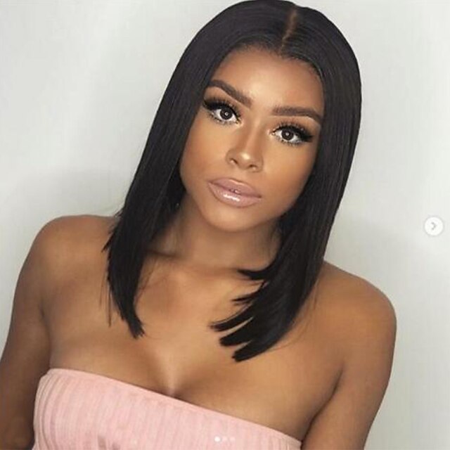  Human Hair Lace Front Wig Bob Short Bob Middle Part style Brazilian Hair Silky Straight Black Wig 130% Density with Baby Hair Natural Hairline For Black Women 100% Virgin 100% Hand Tied Women's Short