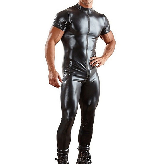  ανδρικό από ψεύτικο δέρμα σέξι ολόσωμο κορμάκι leotard clubwear single slim fit cocktail μαύρο μονόχρωμο φερμουάρ μπροστά κοντό μανίκι στρογγυλή λαιμόκοψη