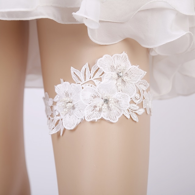 Womens Wedding Garter Set Lace Chiffon Flowers Pearl Rhinestone for Party