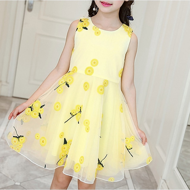  Παιδιά Λίγο Κοριτσίστικα Φόρεμα Φλοράλ Καθημερινά Στάμπα Θαλασσί Κίτρινο Ανθισμένο Ροζ Ως το Γόνατο Αμάνικο χαριτωμένο στυλ Φορέματα Λεπτό