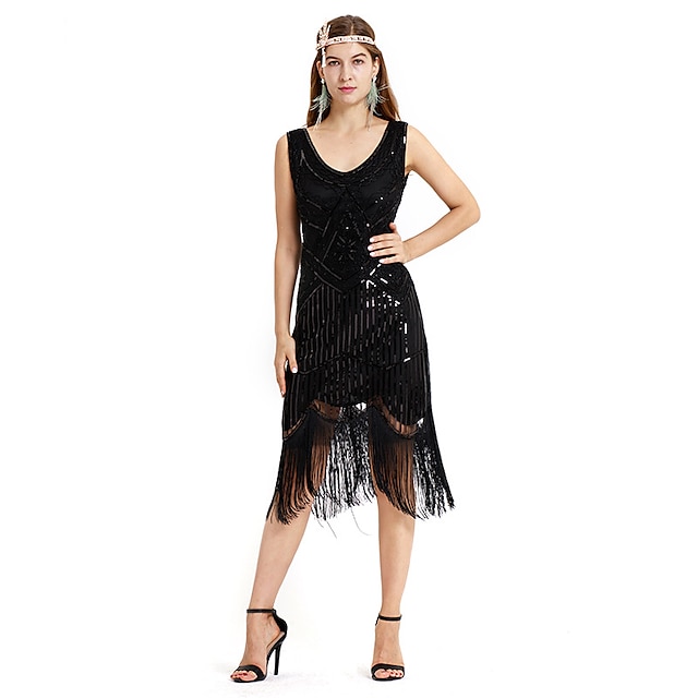  The Great Gatsby Charleston Retro Vintage 1920s Wasp-Waisted Vacation Dress Flapper Dress Dress Prom Dress Women's Sequins Tassel Fringe Sequin Costume Black / Beige Vintage Cosplay Party Homecoming
