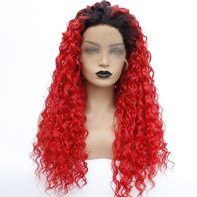  Synthetische Lace Front Perücken Ombre Kinky Curly Mittelteil Spitzenfront Perücke Ombre Lang Schwarz / Rot Synthetische Haare 22-26 Zoll Damen Hitze Resistent Farbverläufe Dunkler Haaransatz Ombre