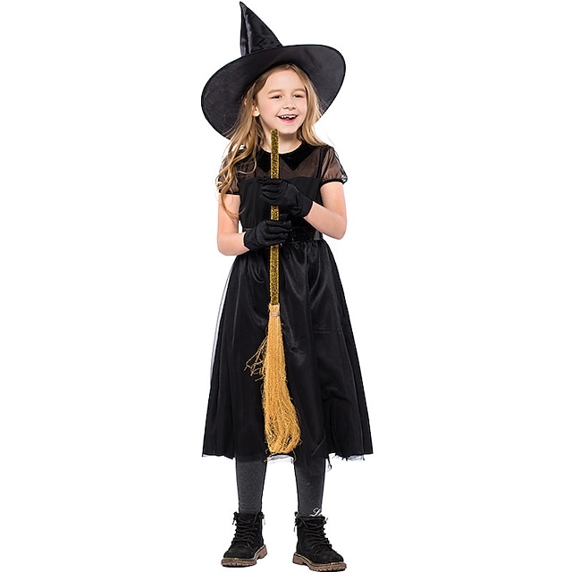  Witch Dress Cosplay Costume Hat Kid's Girls' Dresses Vacation Dress Halloween Halloween Carnival Masquerade Festival / Holiday Tulle Polyster Black Easy Carnival Costumes Patchwork / Gloves / Belt