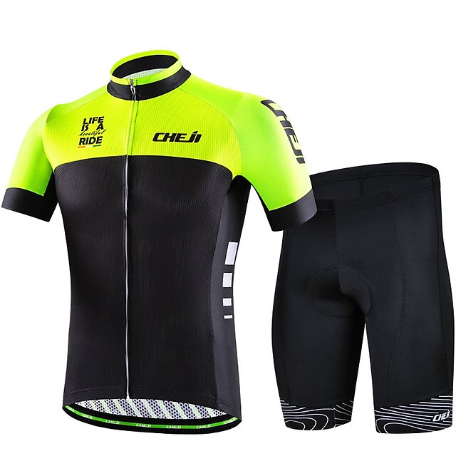  cheji® Men's Short Sleeve Cycling Jersey with Shorts Summer Lycra Green / Black Blue+Pink Blue / Black Funny Bike Jersey Padded Shorts / Chamois Clothing Suit Quick Dry Breathable Back Pocket Sports