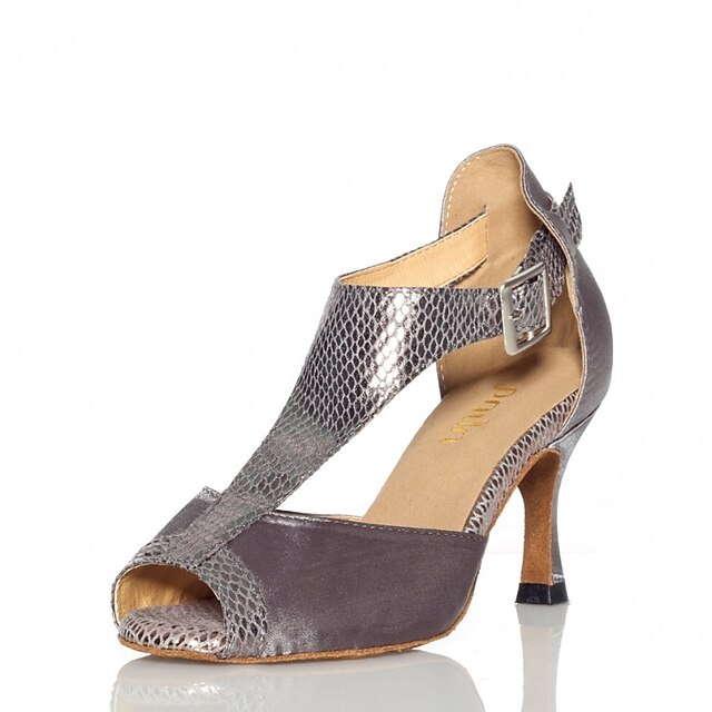  Women's Latin Shoes Satin Ankle Strap Sandal / Heel Buckle Flared Heel Customizable Dance Shoes Dark-Gray / Performance