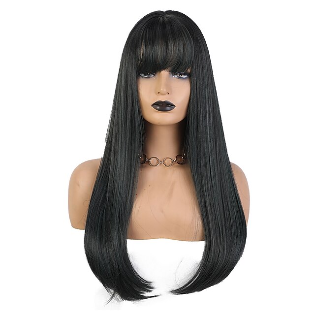  Synthetic Wig Straight With Bangs Wig Long Black / Smoke Blue Black / Dark Green Synthetic Hair 24 inch Women's Simple Synthetic Best Quality Green BLONDE UNICORN / Natural Hairline