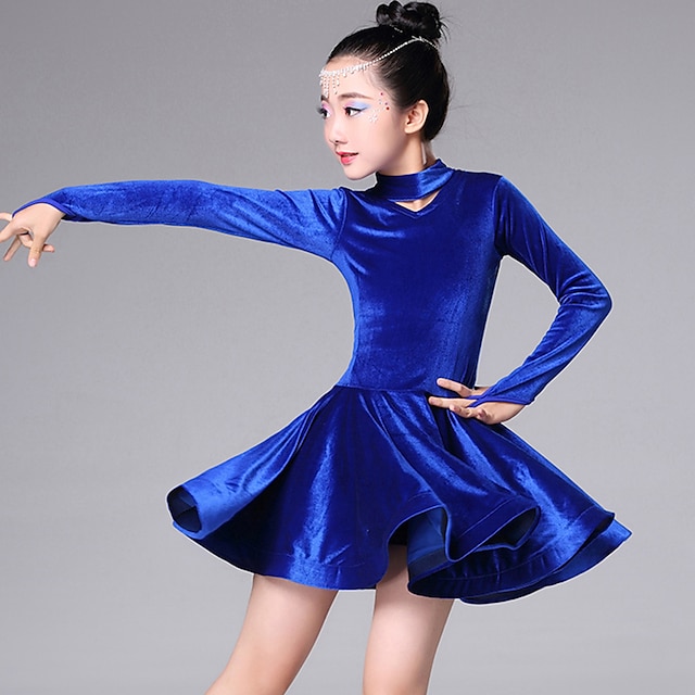  Latin Dance Kids' Dancewear Dress Cascading Ruffles Girls' Training Performance Long Sleeve Pleuche