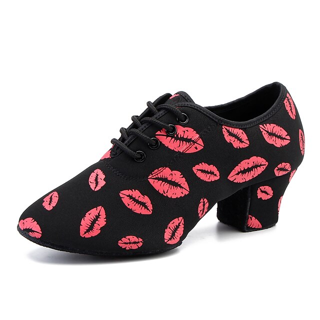 Women's Jazz Shoes Ballroom Shoes Salsa Shoes Line Dance Oxford Heel Pattern / Print Thick Heel Black / Red Lace-up