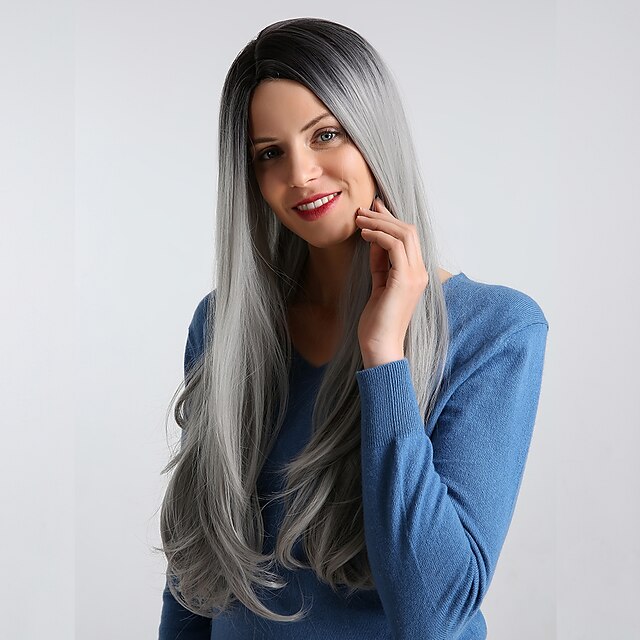  Synthetic Wig kinky Straight Middle Part Wig Very Long Black / Grey Synthetic Hair 30 inch Women's Synthetic Ombre Hair Highlighted / Balayage Hair Dark Gray BLONDE UNICORN / Natural Hairline