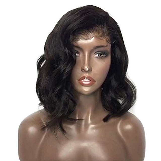  Human Hair Lace Front Wig Bob Short Bob Free Part style Brazilian Hair Wavy Black Wig 130% Density with Baby Hair Natural Hairline For Black Women 100% Virgin 100% Hand Tied Women's Short Human Hair