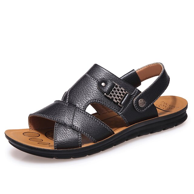  Men's Light Soles Spring & Summer Casual Daily Beach Sandals Cowhide Non-slipping Wear Proof Black / Khaki / Brown