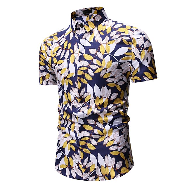  Men's Shirt Trees / Leaves Classic Collar Print Short Sleeve Tops White Gold