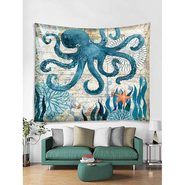  Oil Painting Style Large Wall Tapestry Art Decor Blanket Curtain Hanging Home Bedroom Living Room Decoration Seabed Animal Octopus