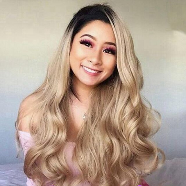  Synthetic Lace Front Wig Body Wave Kardashian Layered Haircut Lace Front Wig Blonde Long Black / Gold Synthetic Hair 24 inch Women's Women Blonde Sylvia