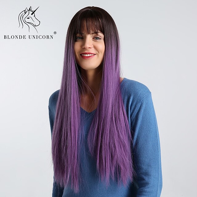  Synthetic Wig kinky Straight Natural Straight With Bangs Wig Long Very Long Black / Purple Synthetic Hair 28 inch Women's Simple Synthetic Ombre Hair Purple BLONDE UNICORN / Natural Hairline