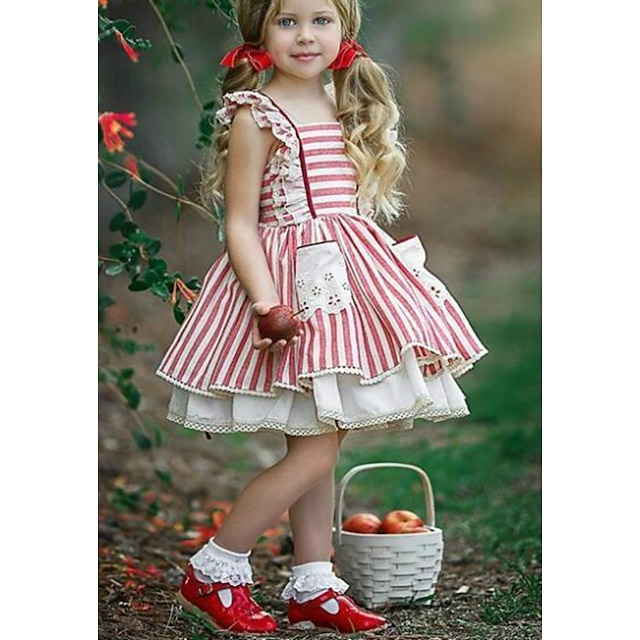  Girls' Sleeveless Striped 3D Printed Graphic Dresses Cute Streetwear Above Knee Cotton Dress Kids Regular Fit Lace Backless