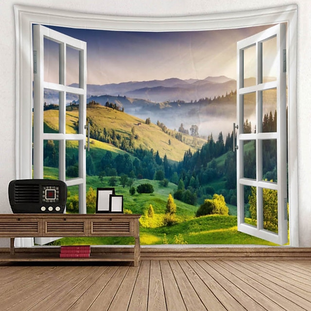  iso ikkuna maisema seinä kuvakudos taide sisustus huopa verho piknik pöytäliina roikkuu koti makuuhuone olohuone asuntolan sisustus polyesteri puutarha metsä vuori