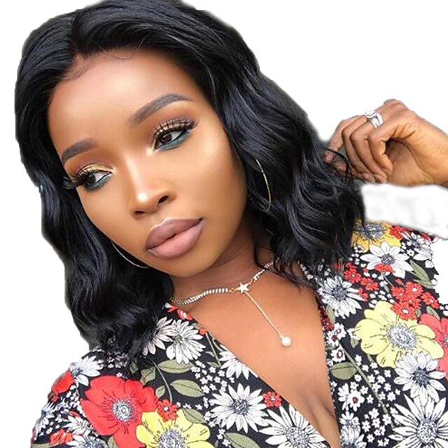  Human Hair Lace Front Wig Bob Short Bob Free Part style Brazilian Hair Wavy Black Wig 130% Density with Baby Hair Natural Hairline For Black Women 100% Virgin 100% Hand Tied Women's Short Human Hair