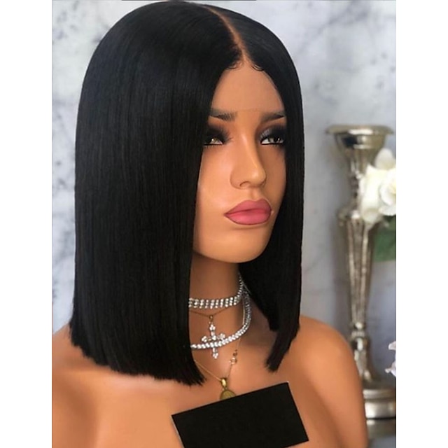 Beauty & Hair Wigs & Hair Pieces | Straight Short Bob Wig Medium Length Natural Black #1B Synthetic Hair 12 inch Womens Party Bl