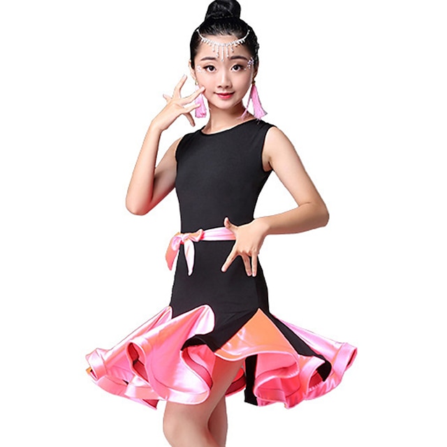  Λάτιν Χοροί / Παιδικά Ρούχα Χορού Φορέματα Κοριτσίστικα Επίδοση Νάιλον Πλισέ / Διαφορετικά Υφάσματα Αμάνικο Ψηλό Φόρεμα