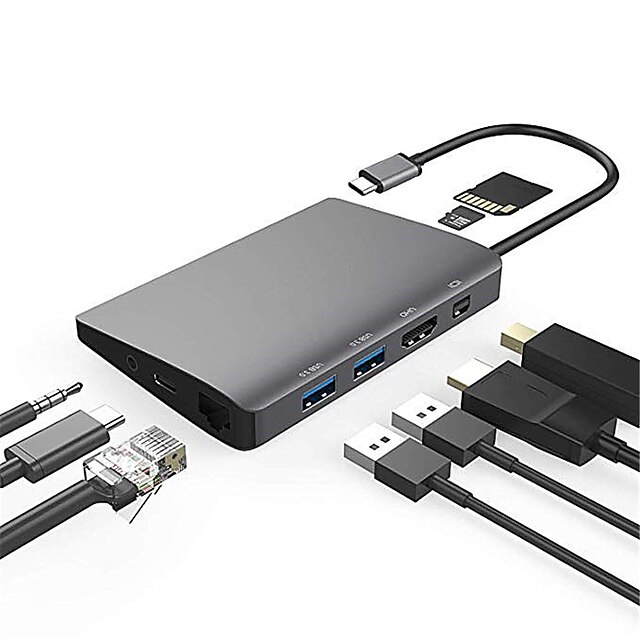  Adaptateur de concentrateur USB 3.1 de type c à 4k displayport hdmi pd type c usb 3.1 rj45 3.5mm audio hub usb 3.0 9 ports lecteur de carte haute vitesse