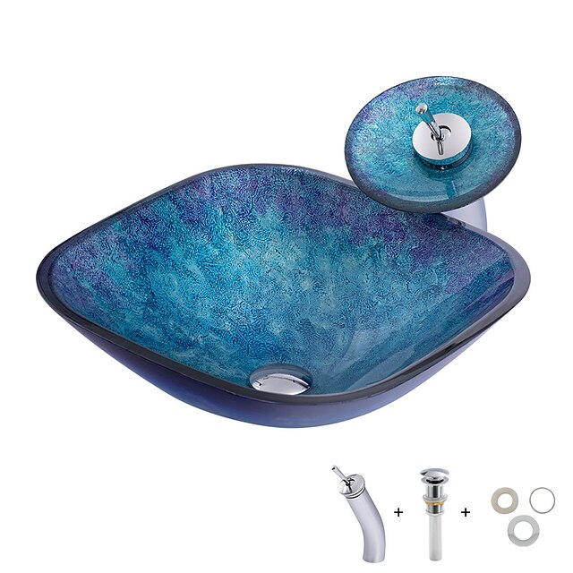  умывальник для ванной Современный - Закаленное стекло Квадратный Vessel Sink