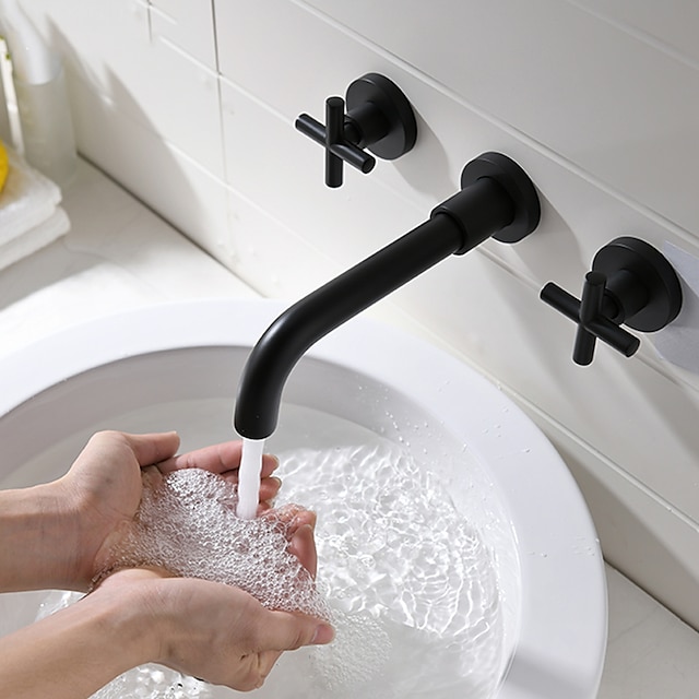  ברז כיור אמבטיה, תושבת קיר בסגנון וינטג' פליז בגימור שחור תחמוצת נפוץ שתי ידיות שתי חורים ברזי אמבטיה עם מתג חם וקר