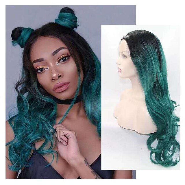  Synthetic Lace Front Wig Body Wave Kardashian Layered Haircut Lace Front Wig Long Black / Green Synthetic Hair 24 inch Women's Women Black Green Sylvia