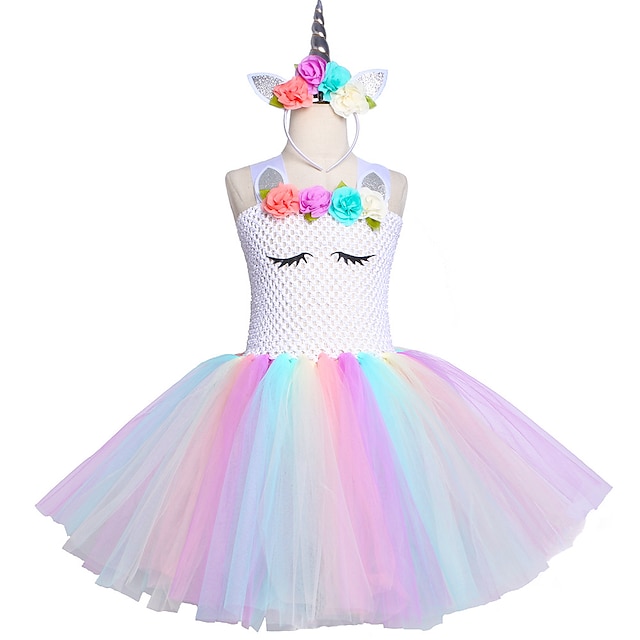  Kids Unicorn Tutu Dress Knee-Length Pastel Rainbow Children Halloween Unicorn Headband Set