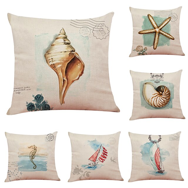  Set of 6 Marine Life Linen Cushion Cover Home Office Sofa Square Pillow Case Decorative Cushion Covers Pillowcases (18*18inch)