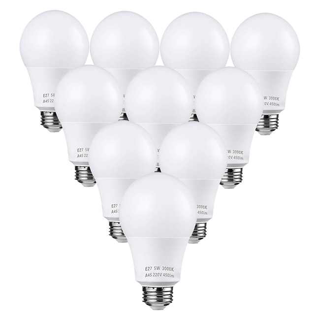  10PCS 5W LED Light Bulbs 45 Watt Equivalent 3000K/6000K Daylight White No Flicker E26/E27 Medium Screw Base Bulbs 450Lumens Non Dimmable AC110V/AC220V