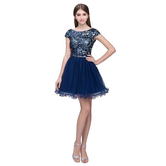  A-Line Sparkle Blue Homecoming Cocktail Party Dress Jewel Neck Short Sleeve Short / Mini Tulle Sequined with Sequin 2020