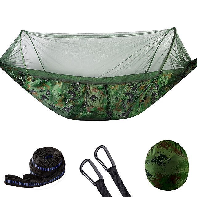  Camping Hammock with Pop Up Mosquito Net Double Hammock Outdoor Lightweight Quick Dry Anti-Mosquito Breathability Wearable Nylon for 2 person Fishing Camping Jacinth +Gray Black Blue Pop Up Design